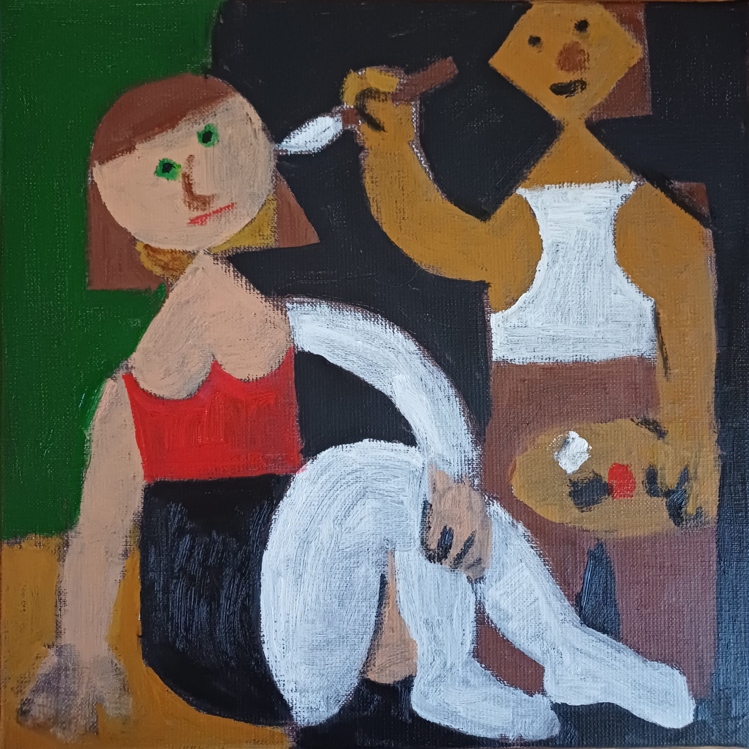 Peinture de Bertrand Gauthier représentant un artiste au travail avec son modèle.